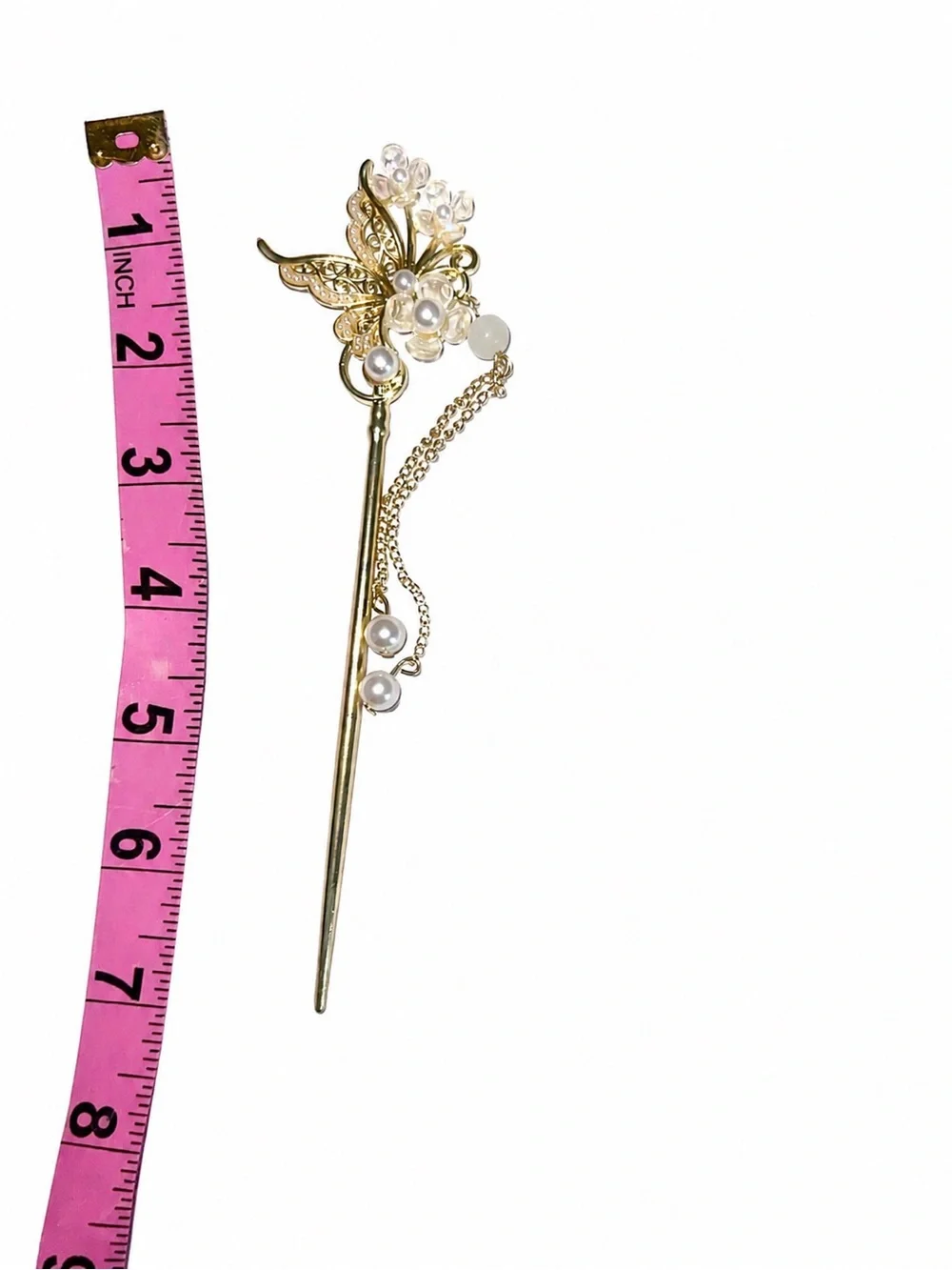 Gold butterfly hairpin with pearl accents and dangling chain #classy #old money